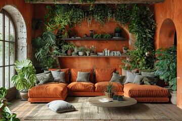 Fototapeta na wymiar Mediterranean living room with walls painted in a warm terracotta hue and overflowing with greenery,