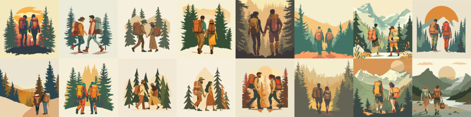 Outdoor Adventure Vector Collection, Illustration of Hikers in Diverse Mountain Landscapes