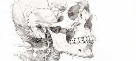 Fototapeta premium The detailed anatomy of a human skull on a white background in the minimalist style of pencil drawing