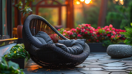 A contemporary black wicker rocking chair with a cushioned seat, providing comfort and relaxation on a stylish outdoor patio. - Powered by Adobe