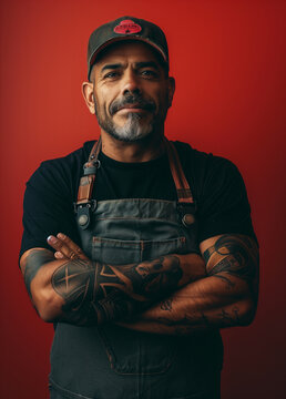 portrait bbq expert wearing apron. black t-shirt, red background, latino style, social media and brand concept usage