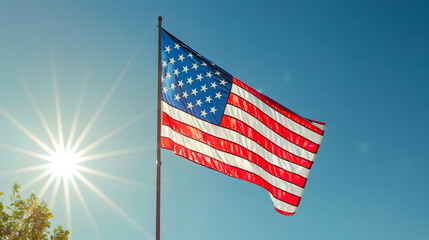 Obraz premium Closeup shot of American flag blowing in wind with background of blue sky and sunlight falling.