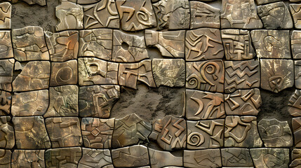 Ancient script carved into stone blocks wall. Cultural heritage concept for historical and archaeological themes