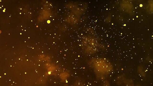 Seamless looping of Yellow fireflies or fire sparkles rising into the air in the dark background. Motion effect overlay wallpaper 4K.