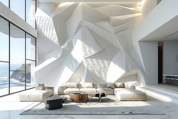 Minimalist living room with one bold, geometric accent wall and plush white furniture,