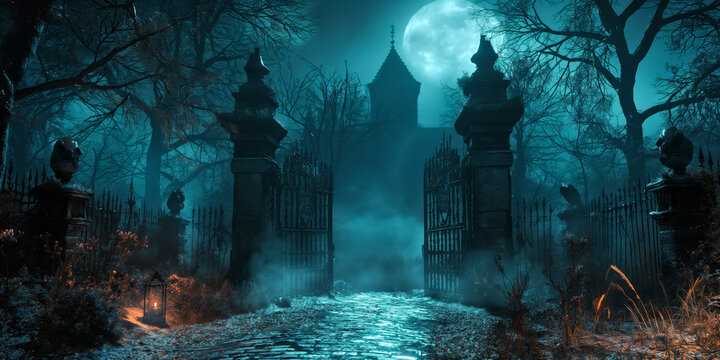 Vintage black iron gate opens onto the foreboding grounds of an old estate, invoking an atmosphere of gothic mystery. World goth day.