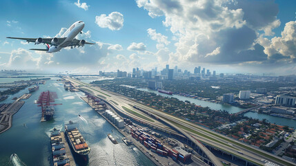 Airplane Flying Over Busy Port City