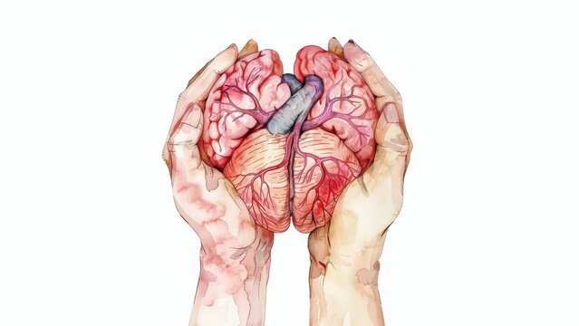 Hands holding a heart which is a brain that shows closeness, caring, connection, a delicate and beautiful watercolor illustration on a white background