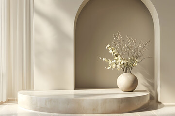 Elegant marble pedestal in a serene archway setting with a vase of white flowers. Minimalist design for contemporary interior decor and display concepts
