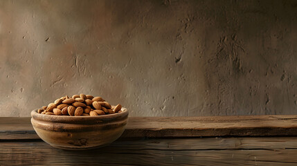 Wooden bowl filled with almonds on a rustic wooden table against a textured earthy background. Natural food presentation and healthy eating concept