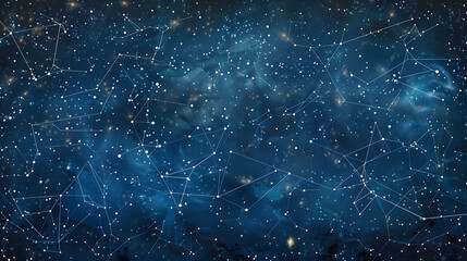 Stellar constellation network on a deep blue starry sky background. Astronomical concept for educational and science themes