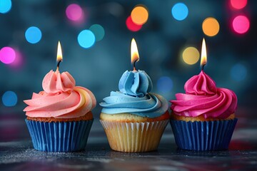 Sweet cupcakes with whipped cream and candles on blurred lights background