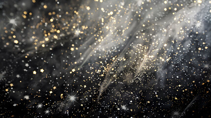 Dark cosmic background with golden dust and light streaks. Mystical design for luxury events and celestial concepts