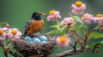 American Robin with Eggs in a Nest