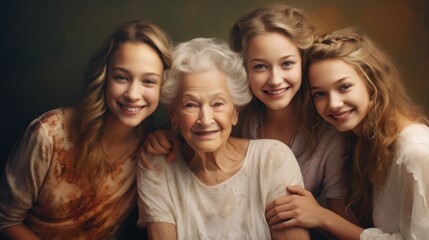 An elderly woman with three young granddaughters pose for a photo. - Powered by Adobe