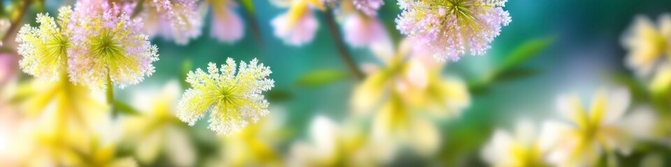 Soft focus flowers bathed in sunlight with glistening dewdrops create an abstract background that evokes the freshness of a summer morning.