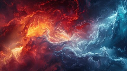 A mesmerizing collision of fiery reds and icy blues, swirling together in a tumultuous cosmic dance, creating a stunning abstract spectacle.