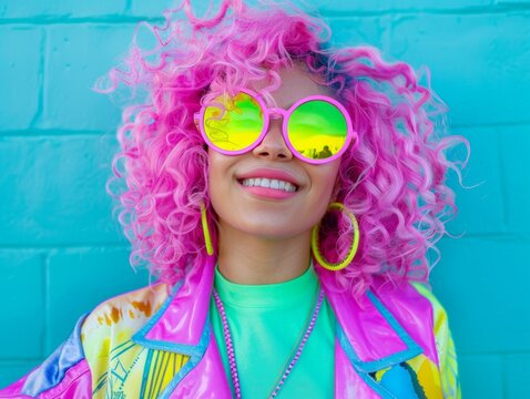 Teen Latino Woman with Pink Curly Hair neon style Illustration.