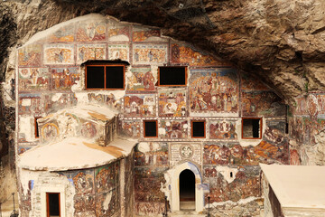 View onto the full, entire front facade of the Rock Church at the Sumela, Sümela Monastery,...