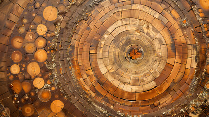 Aerial view of a wooden log spiral installation. Artistic and natural design concept for environmental and sustainable art