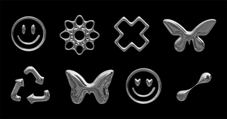 Y2K style metal elements. Set of metallic chrome liquid elements in 2000s style on black background. Metal signs emoticon, butterfly, cross, arrows