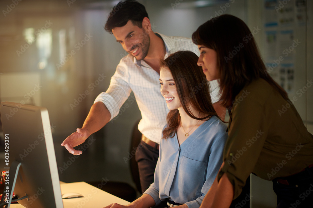 Poster web designer, people and laptop in pointing for working late for teamwork at office as coworkers for