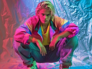 Teen White Man with Blond Straight Hair neon style Illustration.