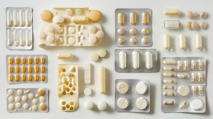 a vibrant display of colorful pills and capsule tab packaging, meticulously arranged on a crisp white background, captured in an immersive close-up shot.