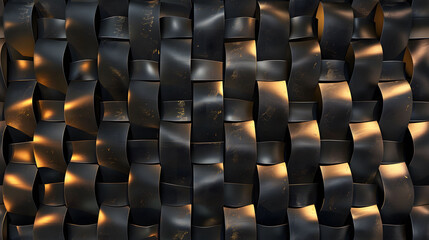 Fototapeta premium Black woven metal texture with interlocking strips and subtle golden highlights. Sophisticated background for modern design and architectural concepts