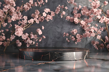 Black marble pedestal with cherry blossoms against a textured grey background. Elegant display for product presentation and spring concept