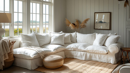 A cozy white linen sofa with oversized cushions, evoking a casual coastal vibe in a beach house retreat.