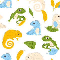 Vector seamless background pattern with lizards and leaves for surface pattern design 