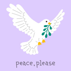 Vector illustration cute doodle dove with olive branch for digital stamp,greeting card,sticker,icon,design