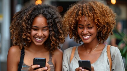 Fototapeta premium Stylish teenage girls using a smartphone on the street, trendy urban youth scene