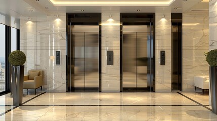 the modern office building interior, boasting sleek stainless steel elevator doors and walls adorned with luxurious beige marble tiles.