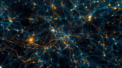 Dynamic neural network visualization with blue and orange nodes on a dark background. Conceptual design for artificial intelligence and data analysis