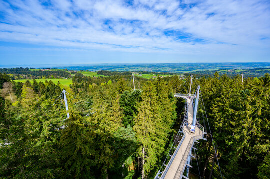 View of the tree top path and trail in beautiful mountain scenery - Skywalk in Alps - Travel destination in Scheidegg, Bavaria, Germany -