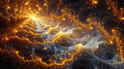 Intricate patterns of golden fractals cascading across a deep, cosmic void, forming an otherworldly abstract background that defies imagination.