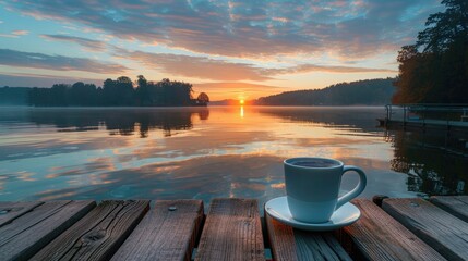 Relaxing at a quiet lakeside dock at sunrise, calm waters and a warm cup of coffee