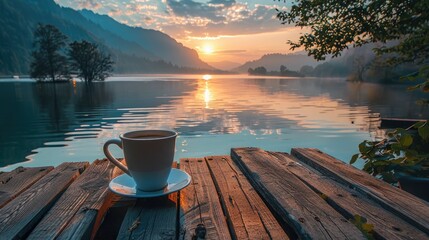 Relaxing at a quiet lakeside dock at sunrise, calm waters and a warm cup of coffee