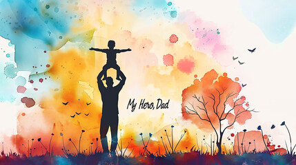 Silhouette of father and child against a vibrant watercolor sunset, with text "My Hero, Dad"
