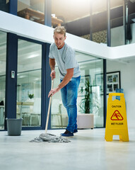 Man, mopping and business office or cleaning hygiene with caution sign or water, soap or bacteria....