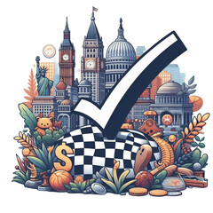 Obraz premium city skyline in sign tick vector cartoon illustration isolated on transparent background - Generative AI