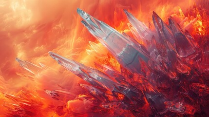 Jagged shards of crystalline ice piercing through a sea of fiery reds and oranges, creating a stark and dramatic abstract landscape.