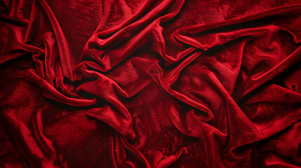 Rich red velvet fabric texture with dramatic folds. Luxurious background for design and textile concepts