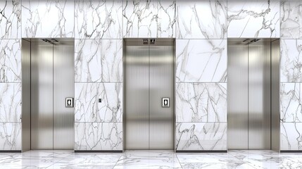 the modern office building interior, boasting sleek stainless steel elevator doors and walls adorned with luxurious beige marble tiles.