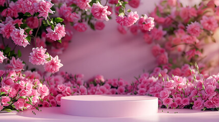 Pink floral display around a white pedestal under soft lighting. Perfect for product presentation and springtime holiday concept