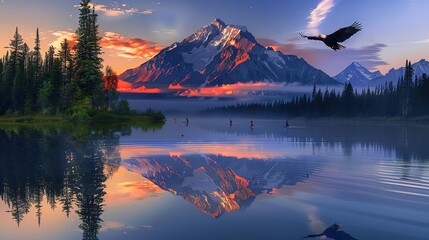 The majestic mountains are mirrored in the calm lake below, creating a perfect reflection