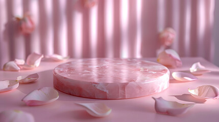 Pink marble pedestal with rose petals on a pink striped background. Elegant display for product presentation and valentine's day concept