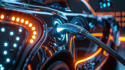 A close-up of a futuristic EV charging port being connected to a sleek electric car, highlighting sustainable transportation.